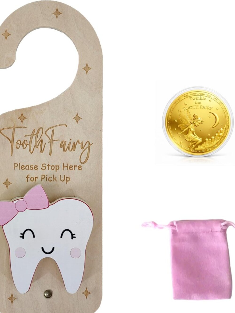 Tooth Fairy Door Hanger, Wooden Tooth Fairy Money Holder with Tooth Coins for Lo